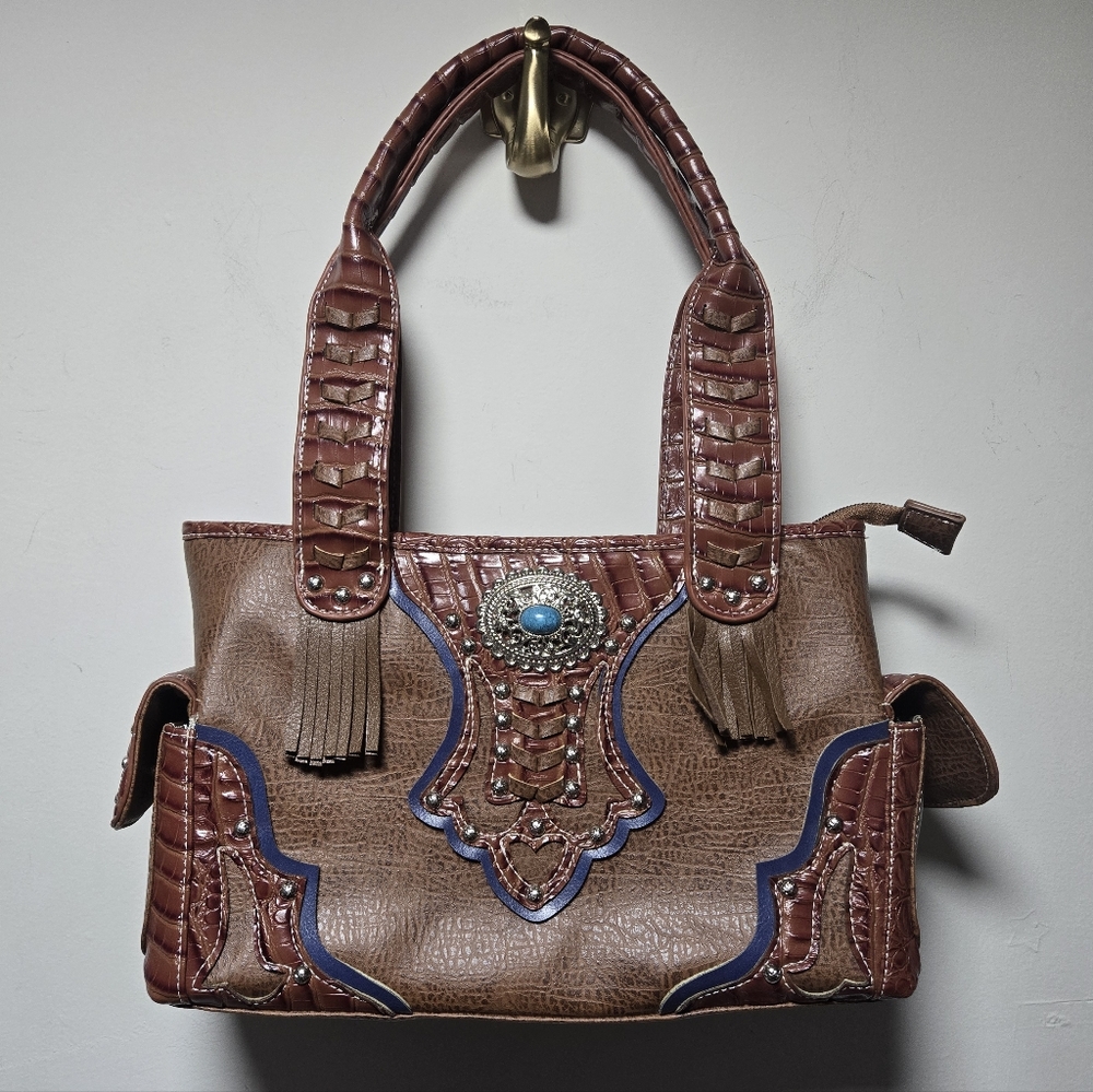 Cowgirl Trendy Brown Purse Turquoise Stone Western Southwestern Conceal Carry